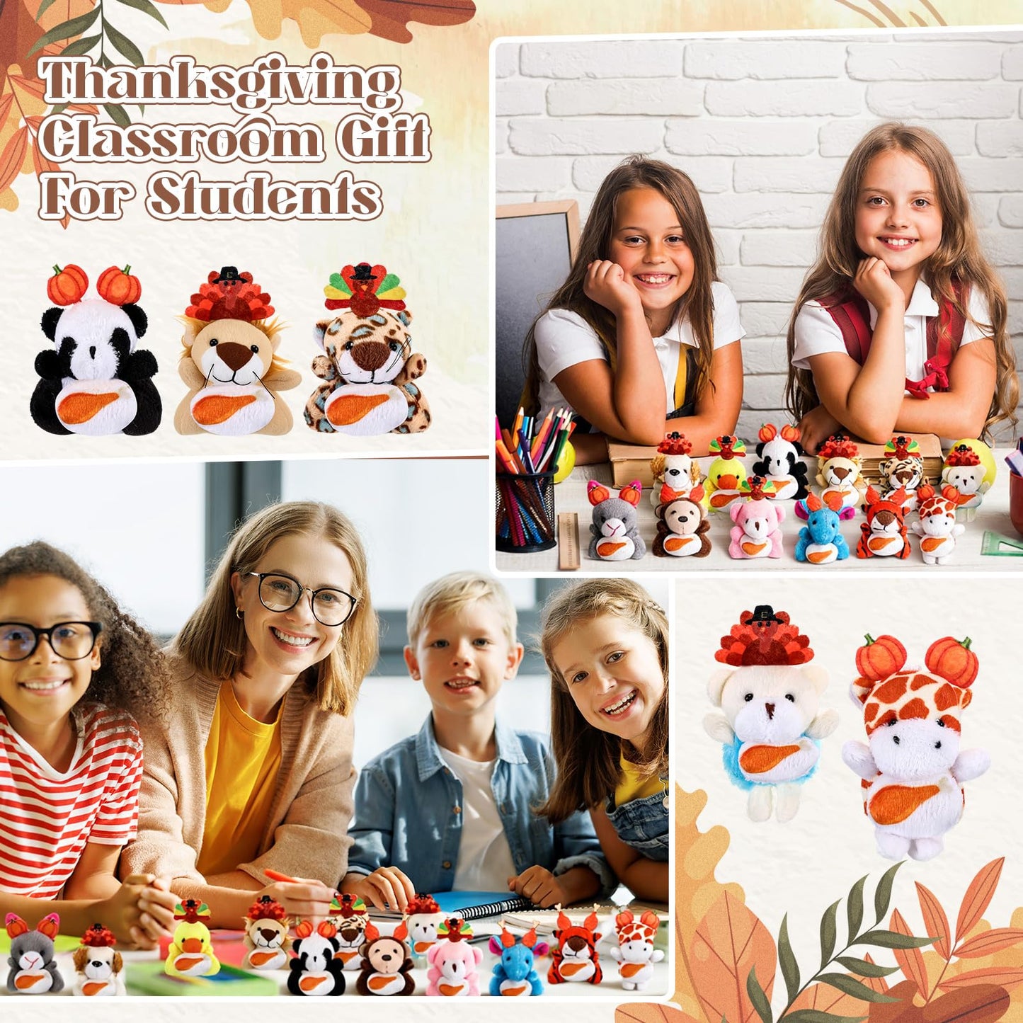 Soulchen 24 Pcs Mini Fall Thanksgiving Stuffed Animal Bulk Small Thanksgiving Day Plush Animals Soft Tiny Autumn Pumpkin Turkey