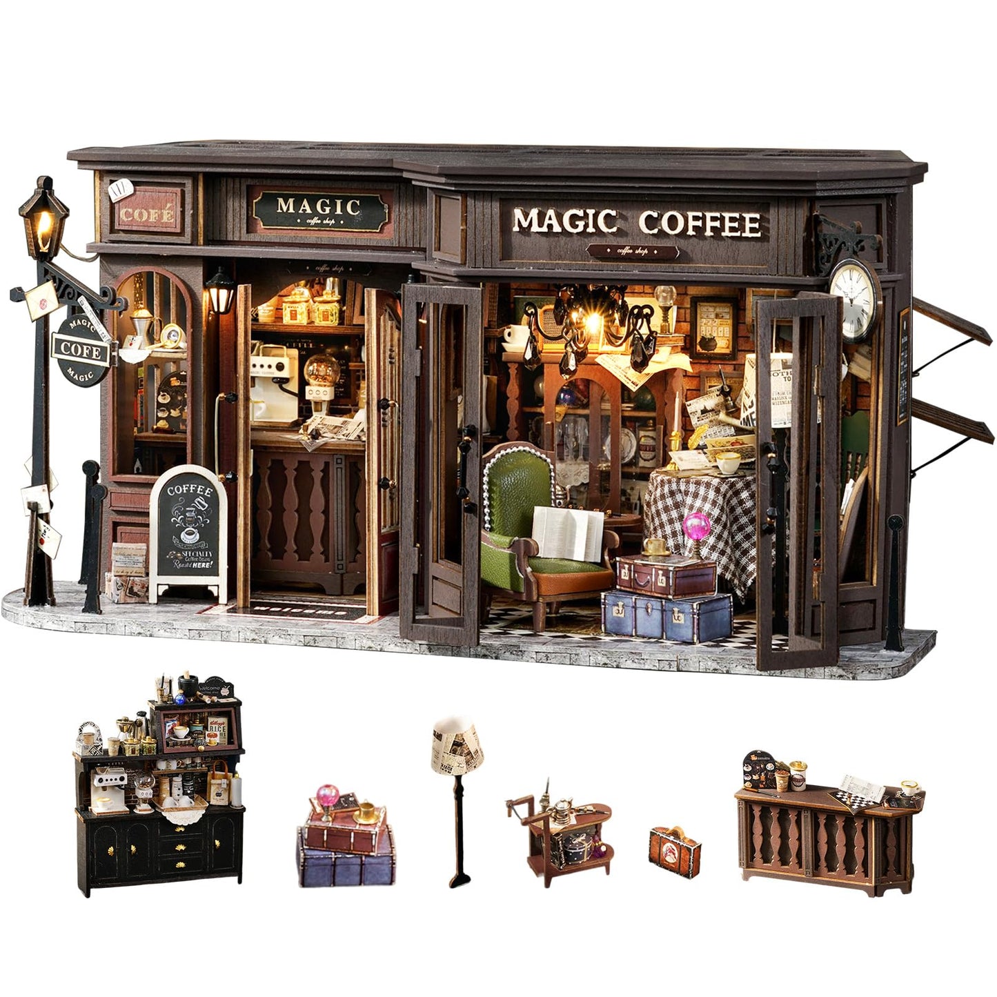 Fsolis DIY Miniature Dollhouse Kit for mature-themeds - Tiny House Mini Scene 3D Puzzles Gifts for Women Teenagers Craft Lovers (Magic Coffee)