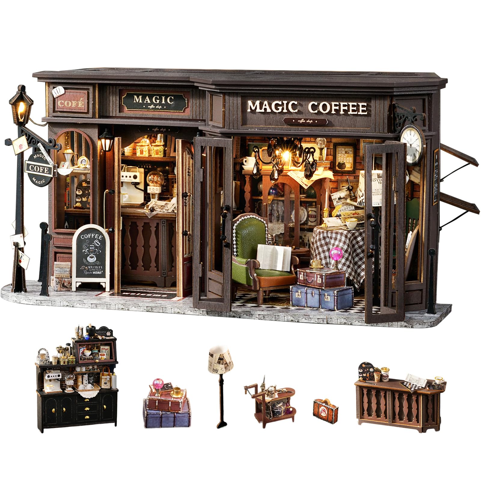 Fsolis DIY Miniature Dollhouse Kit for mature-themeds - Tiny House Mini Scene 3D Puzzles Gifts for Women Teenagers Craft Lovers (Magic Coffee)