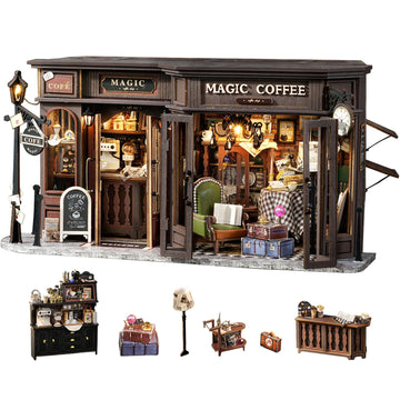 Fsolis DIY Miniature Dollhouse Kit for mature-themeds - Tiny House Mini Scene 3D Puzzles Gifts for Women Teenagers Craft Lovers (Magic Coffee)