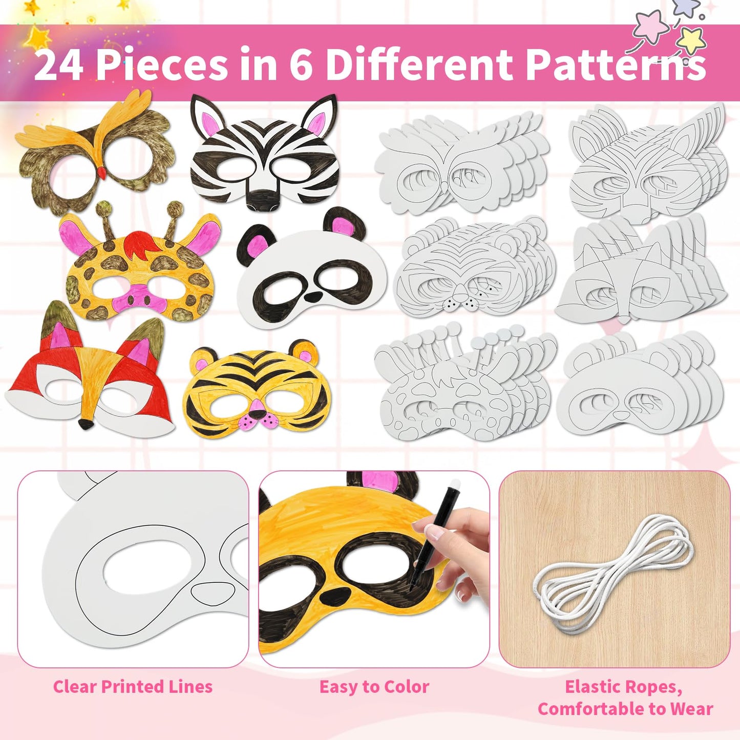 Vkpi 24 Pcs Color Your Own Animal Paper Masks, Coloring Mask Craft Kit For Kids, Birthday Party Favors School Activities