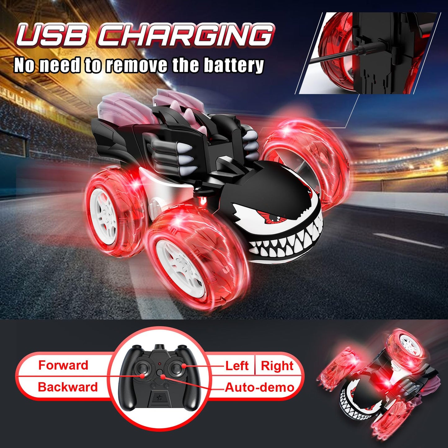 Innofans Remote Control Car for Boys, 360 Rotating 4WD Stunt RC Cars with Cute Cool LED Lights, 2.4GHz Rechargeable Car Toys Bir