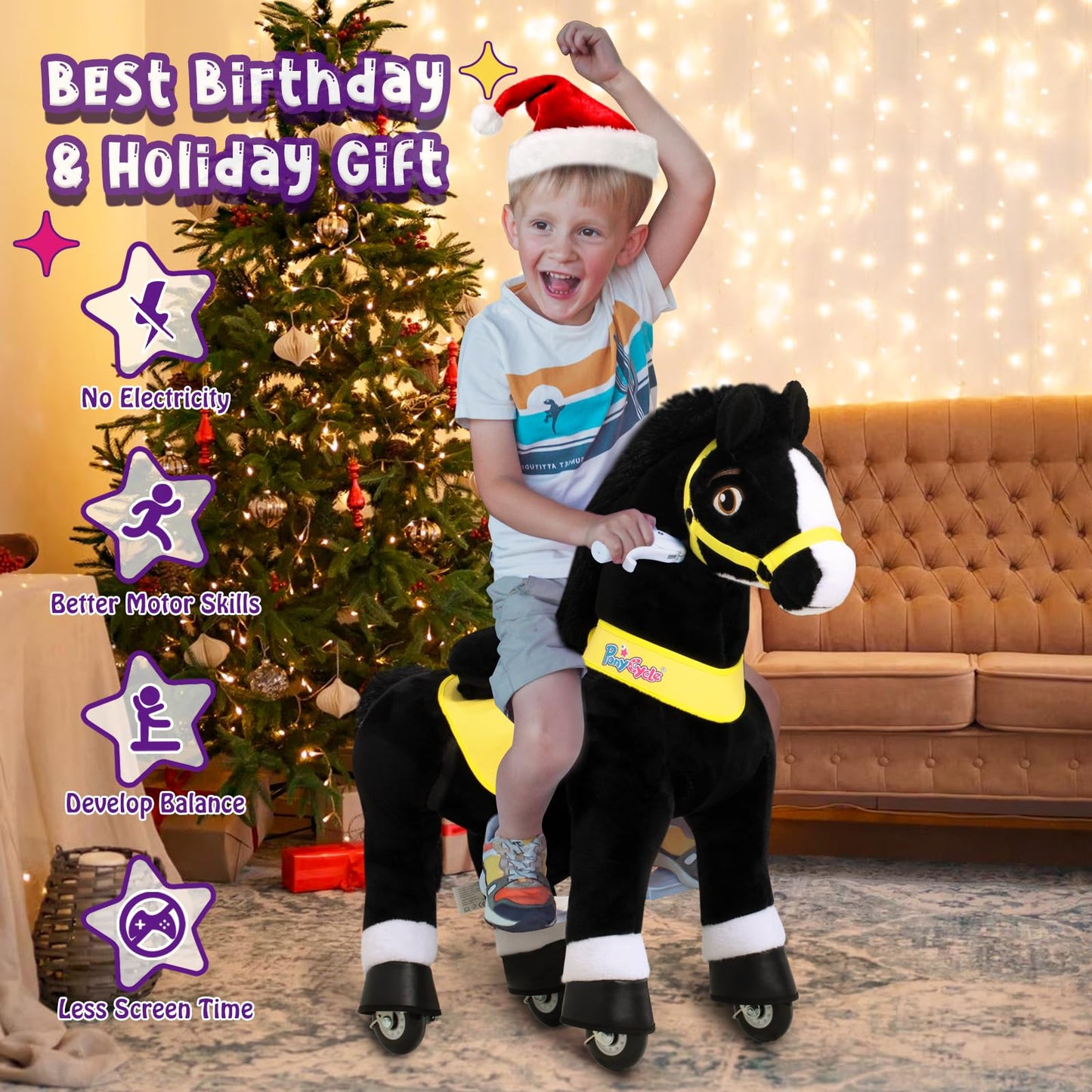 Ponycycle Kids Ride On Toys Horses For Toddlers 3-5 Essential Model E Ride On Horse Walking Horse Size 3 No Battery Or Electricity, Pony Cycle Plush Animal Giddy Up Spirit Riding Toys Black E338