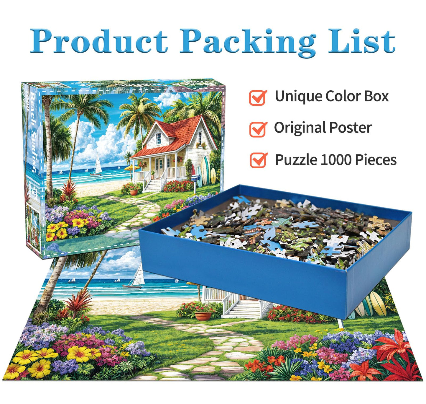 Jigsaw Puzzles for mature-themeds 1000 Piece Puzzle for mature-themeds 1000 Pieces Puzzle 1000 Pieces-Summer Beach Vacation -Surfing  Coconut Trees  Wooden Houses