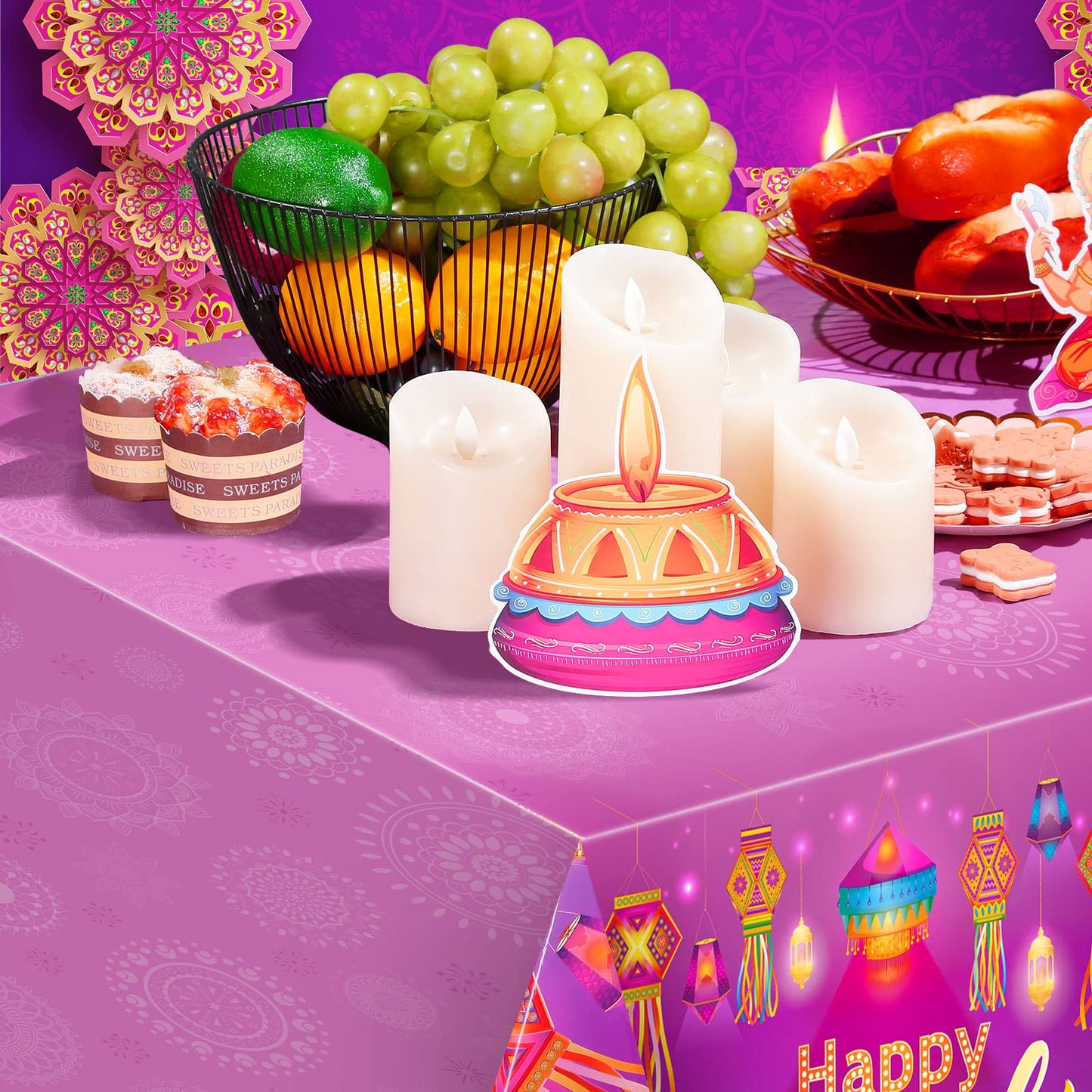 Clabby 3 Pieces Happy Diwali Tablecloths Festival of Lights Party Table Cover Decor Plastic Rectangle Diwali Tablecloth for Happ