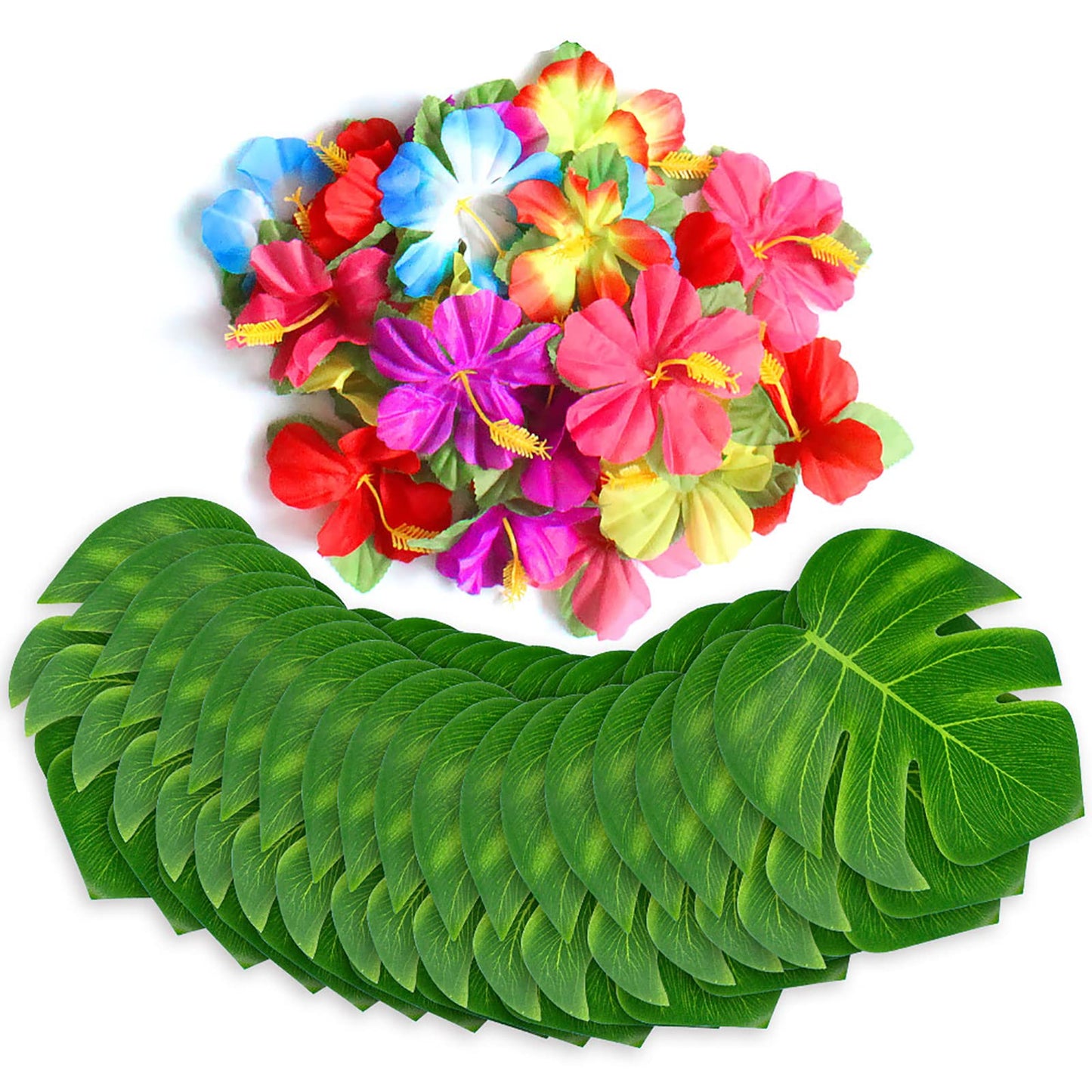 60Pcs Tropical Party Decorations Supplies Tropical Palm Leaves Hibiscus Flowers Simulation Artificial Leaf for Hawaiian Luau Saf