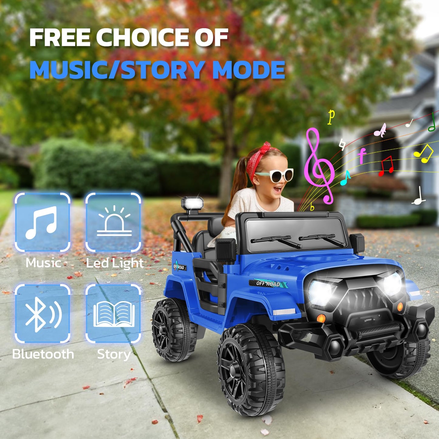 Hikole Ride On Car With Remote Control Toddler Jeeps, 12V Kids Electric Power Car Wheels With Multi-Function Dashboard, Spring Suspension, Led Lights, Battery Operated Vehicles For Boys Grils, Blue