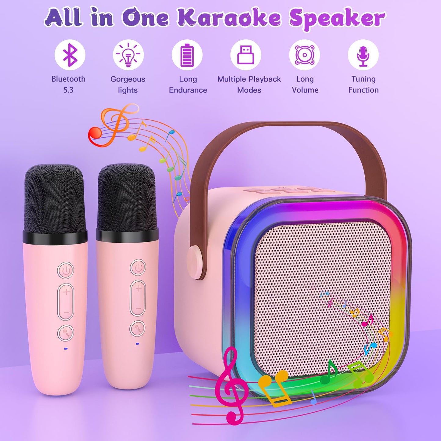 Haomuren Mini Karaoke Machine for Kids, Bluetooth Speaker with 2 Microphones, LED Lights, Pink, Model K12, Perfect Birthday Gift for Ages 3-12