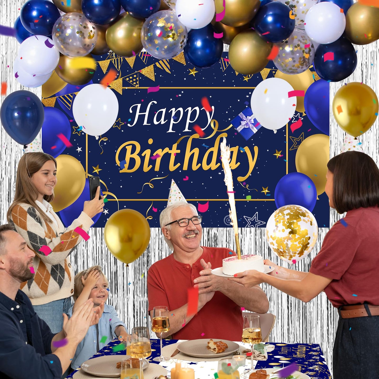 Puchod Blue and Gold Birthday Decorations Kit - Balloons, Tablecloth, Confetti, Foil Fringe Curtains for Men, Women, Boys, Girls Party