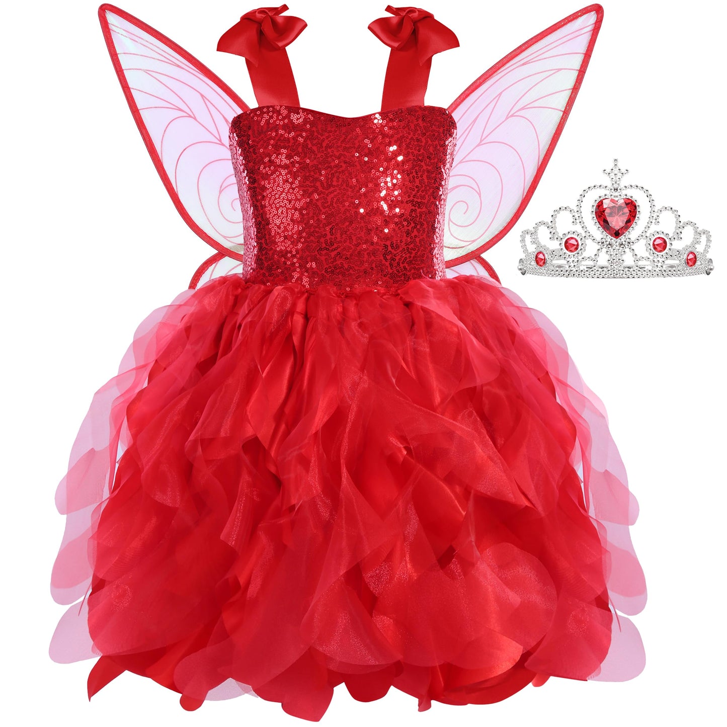 Soyoekbt Fairy Costume for Girls Princess Tutu Dress with Butterfly Wings for Girls Birthday Party Dress Up (Red, 3-4 Years)