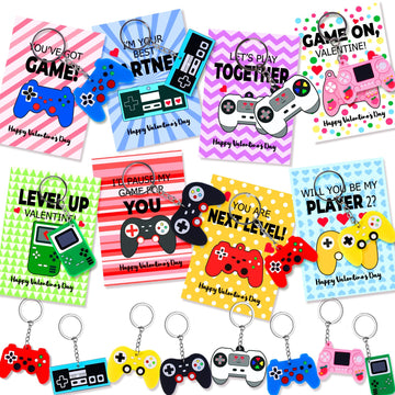 Japior 24 Pack Valentines Day Cards Gifts for Classroom - Fun Video Games Keychains with Class Exchange Gifts Included Valentine