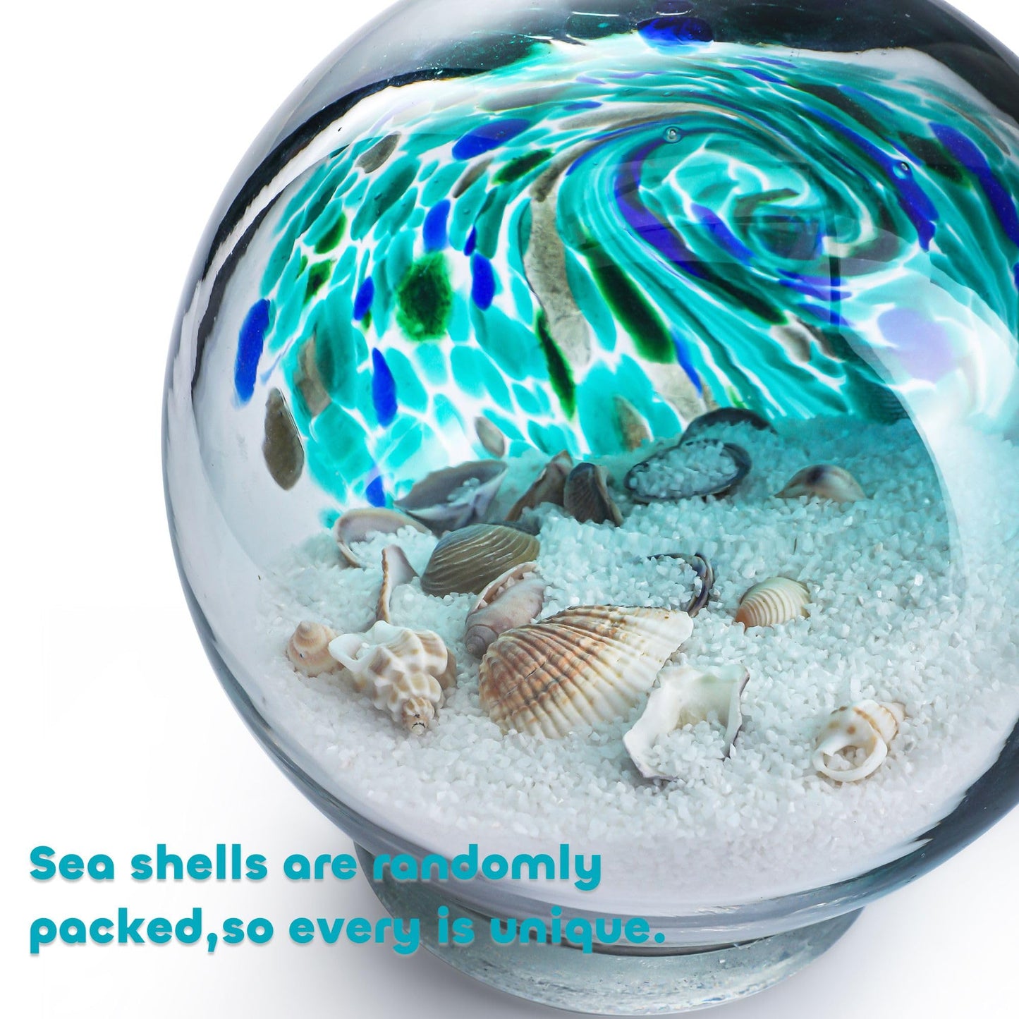 4'' Sea Globe Hand Blown Art Glass Decor Collectible Glass Decorative Balls With Natural Sea Shell And Sand, Lake Green