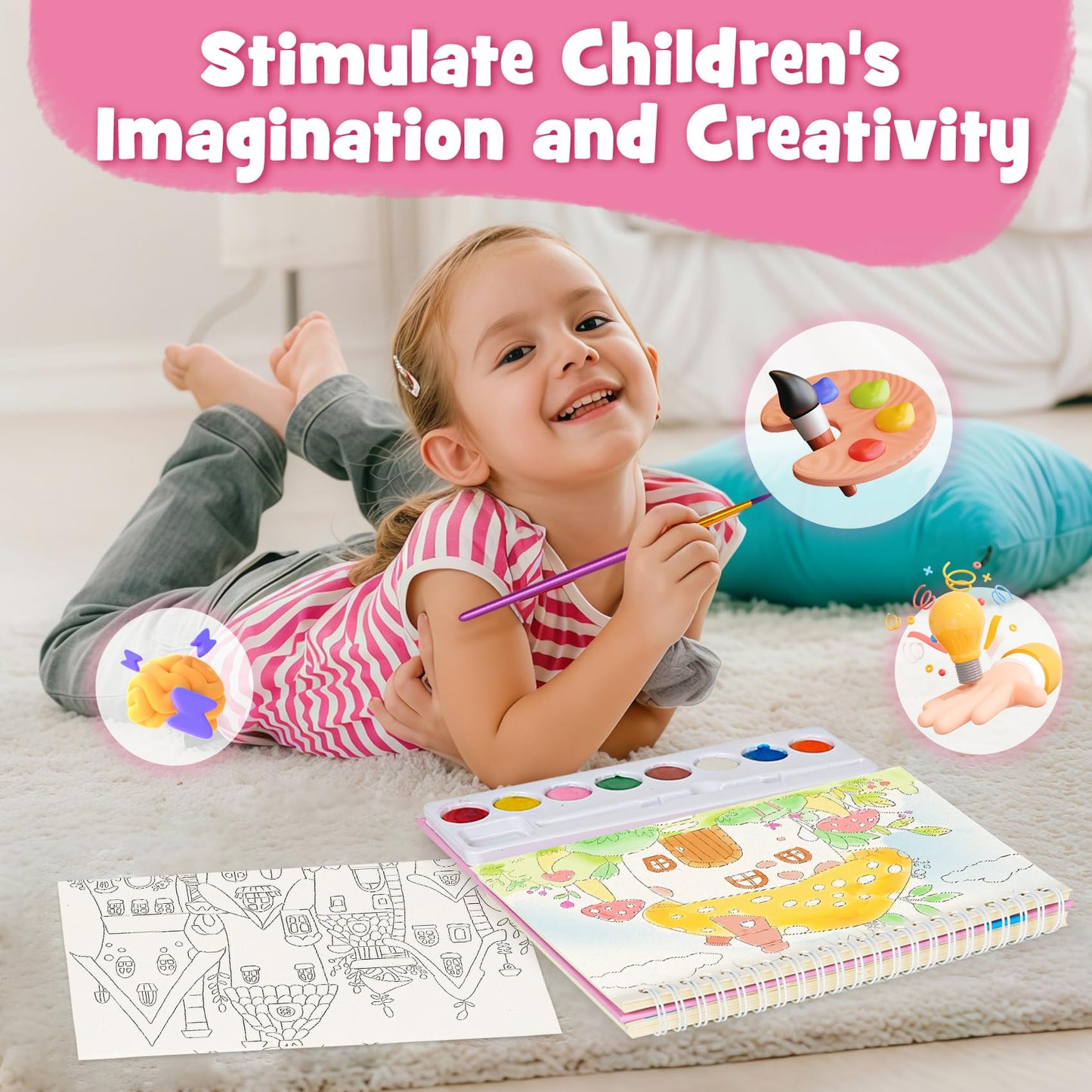 ROOCHKD Mess Free Paint with Water Watercolor Book, Portable Spiral-Bound Painting Art Set Gifts for Kids, Travel Friendly