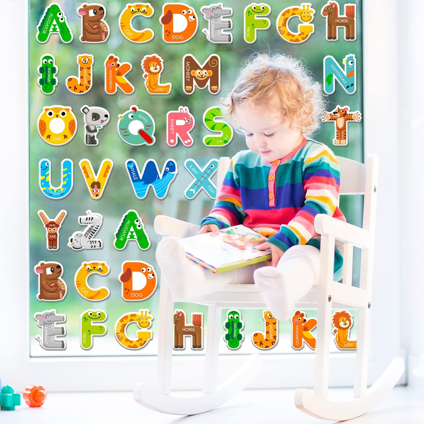 Whaline 52Pcs Alphabet Gel Clings - Colorful Animal ABC Window Decals for Educational Learning & Nursery Decor