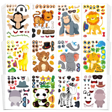 Aowplc 48 Make A Safari Animal Sticker Sheets - Jungle & Zoo Party Favors Supplies - Fun Craft Activities For Kids Ages 3+
