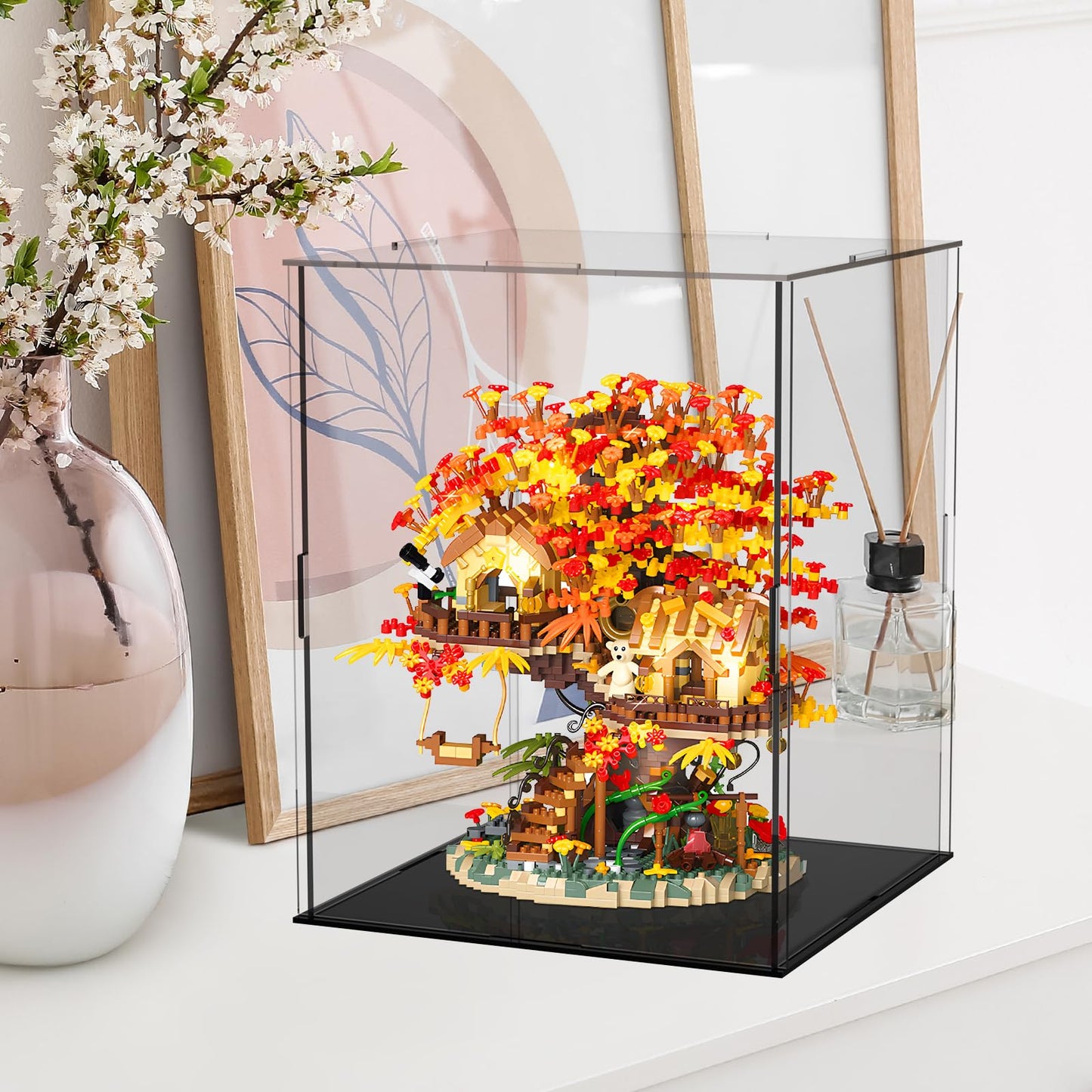 Hjplpxh Cherry Blossom Bonsai Tree House Building Blocks Set With Acrylic Display Box, Plants Flowers Treehouse Architecture Mic