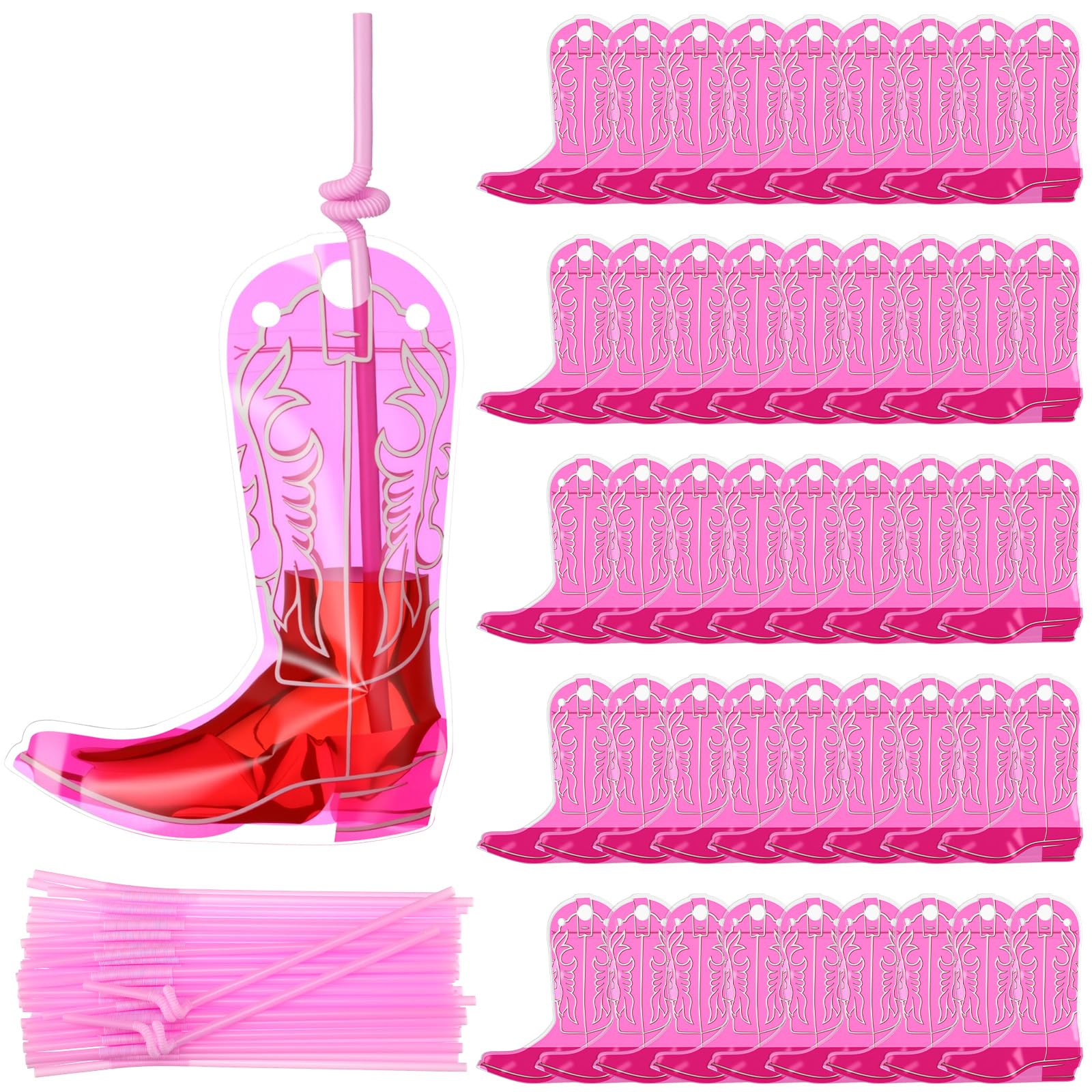 Jingmore 50 Set Cowboy Boot Drink Pouches with Straws Cowgirl Boot Zipper Smoothie Pouches Heavy Duty Reclosable Bag for Western