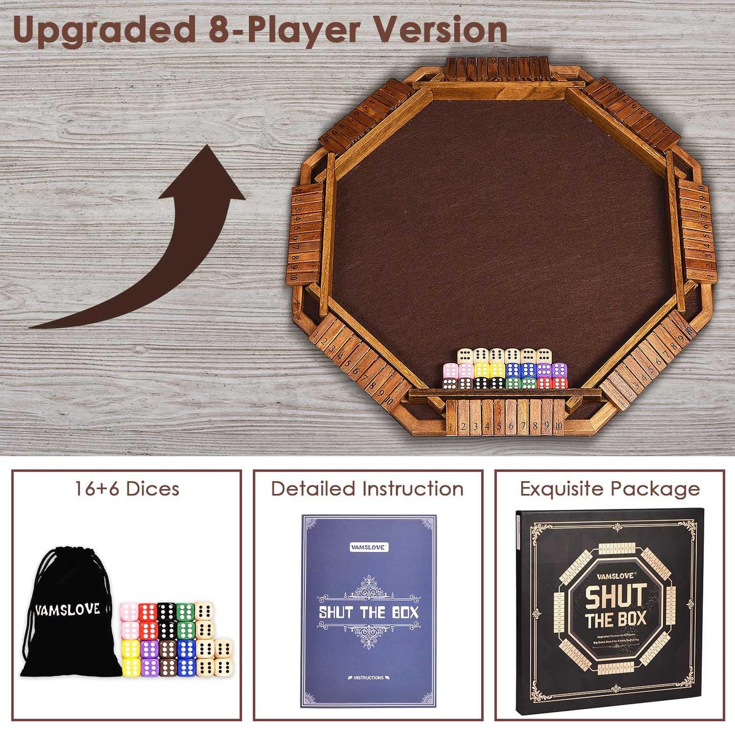 Vamslove Shut The Box Dice Game For 8 Players Upgraded Wooden Board Table Math Game With 16 +6 Dices - Educational Game For Kids, Adults (Instruction Included)