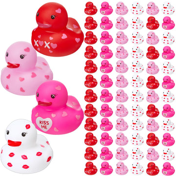Motionchic 72 Pcs 2 Inch Valentine'S Day Rubber Duck Love Heart Squeaky Holiday Duckies Novelty Pink Red Bath Toys For Party Fav