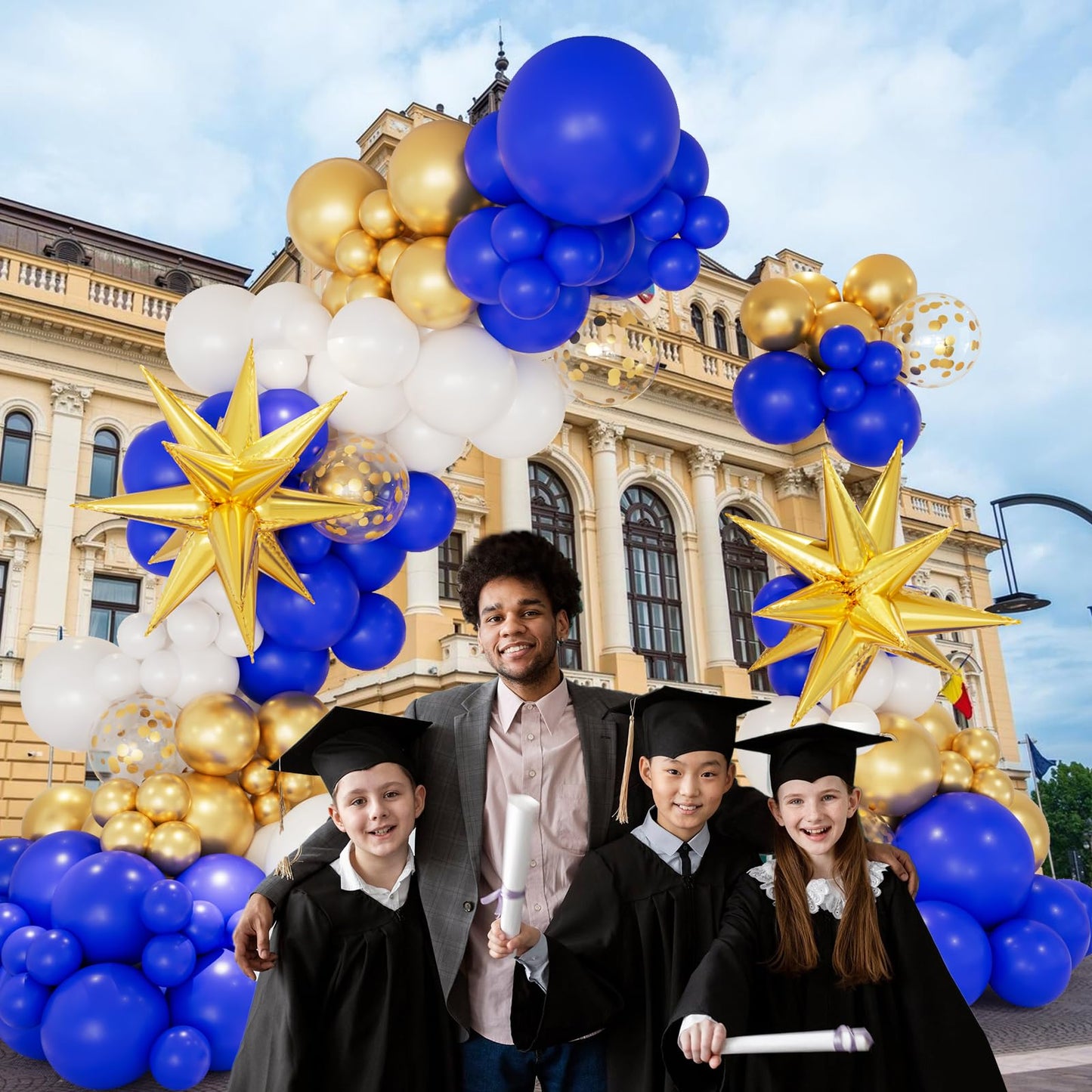 146Pcs Blue And Gold Balloons Garland Arch Kit With Gold Exploding Star Foil Balloons For Graduation Wedding Engagement Baptism