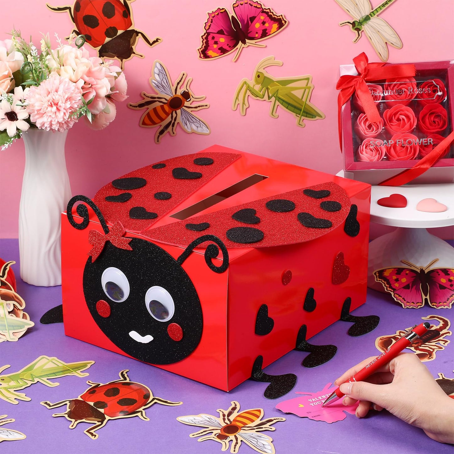 Pasimy DIY Valentines Card Boxes with 30 Insect Greeting Cards DIY Valentine Ladybug Mailbox Craft Kits Valentines Day Love Bug