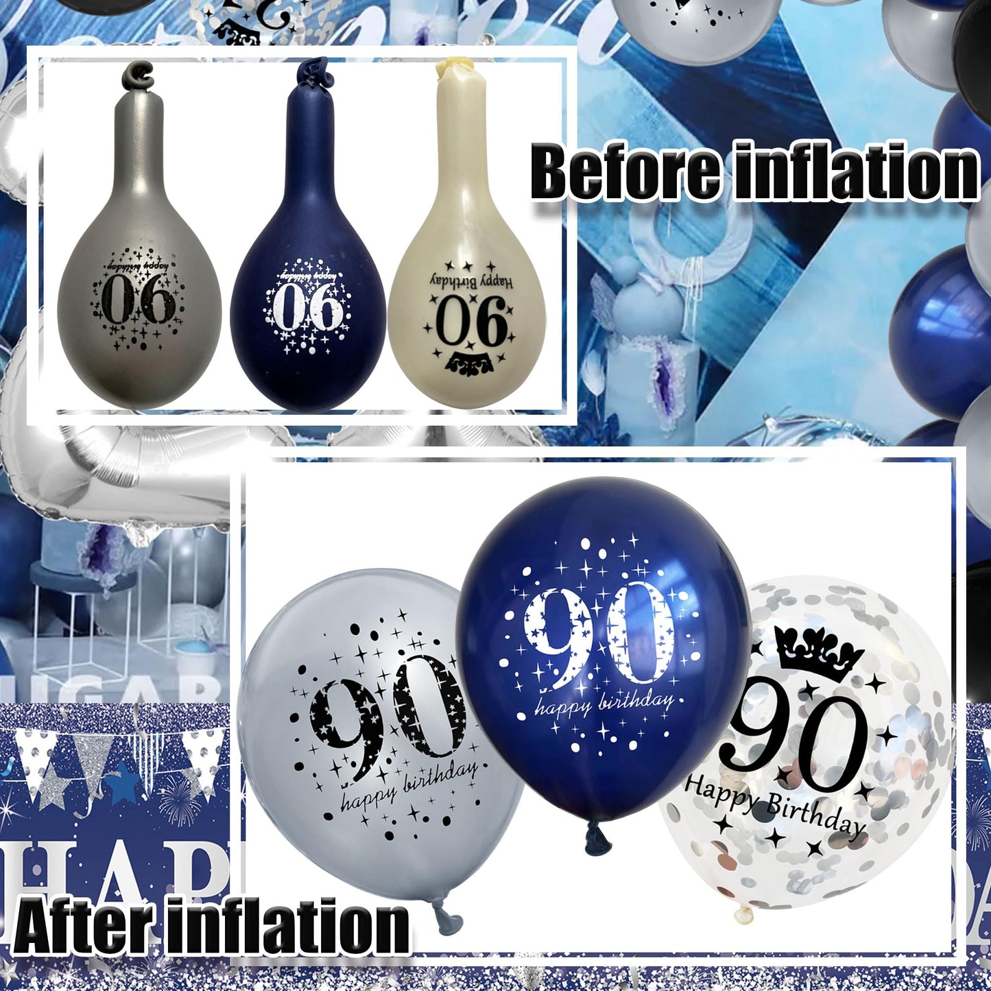 UniBirthLon 18pcs Birthday Balloons Set - Navy Blue & Silver, Rubber, 90th Birthday Decorations with Confetti for Men & Women
