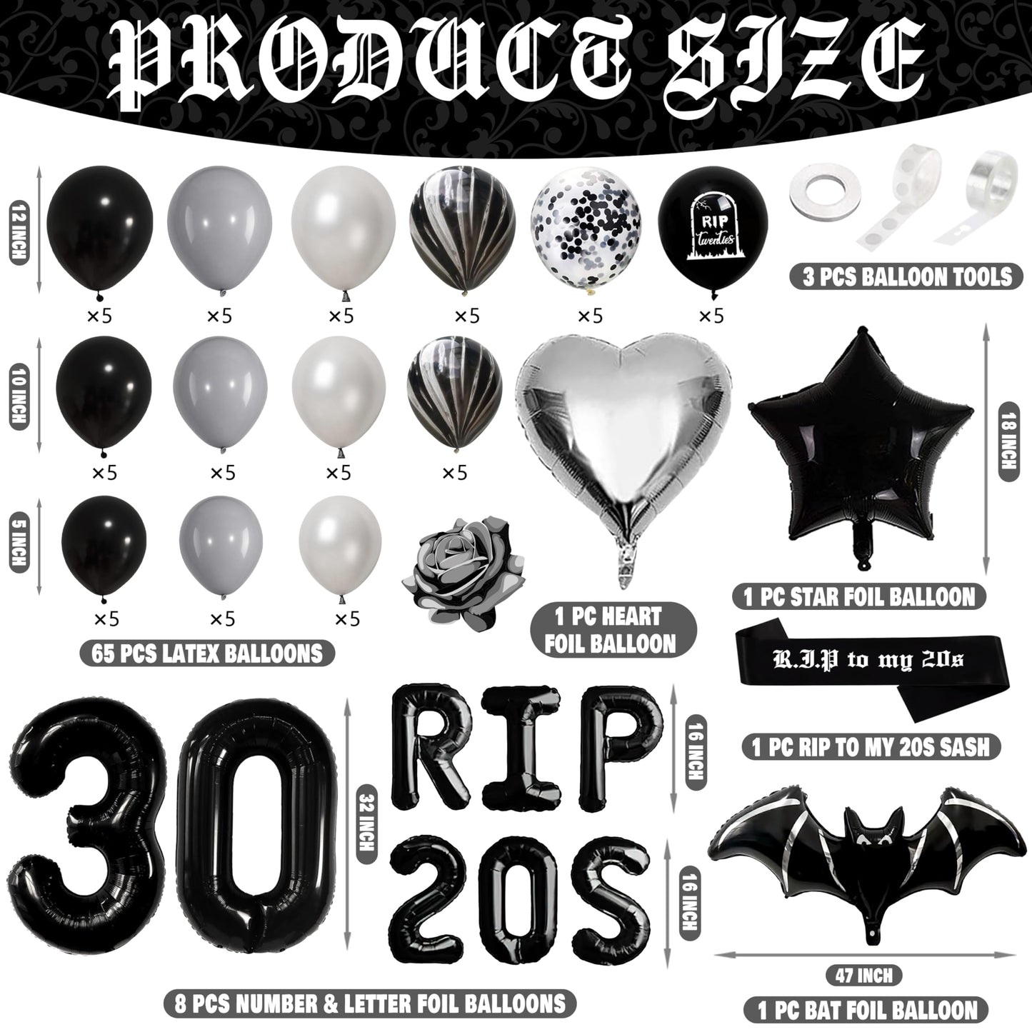 Whymeo 30Th Birthday Party Decorations Pack 97Pcs,Death To My 20S Supplies Including Banner Garland Backdrop Tablecloth Rip Sash