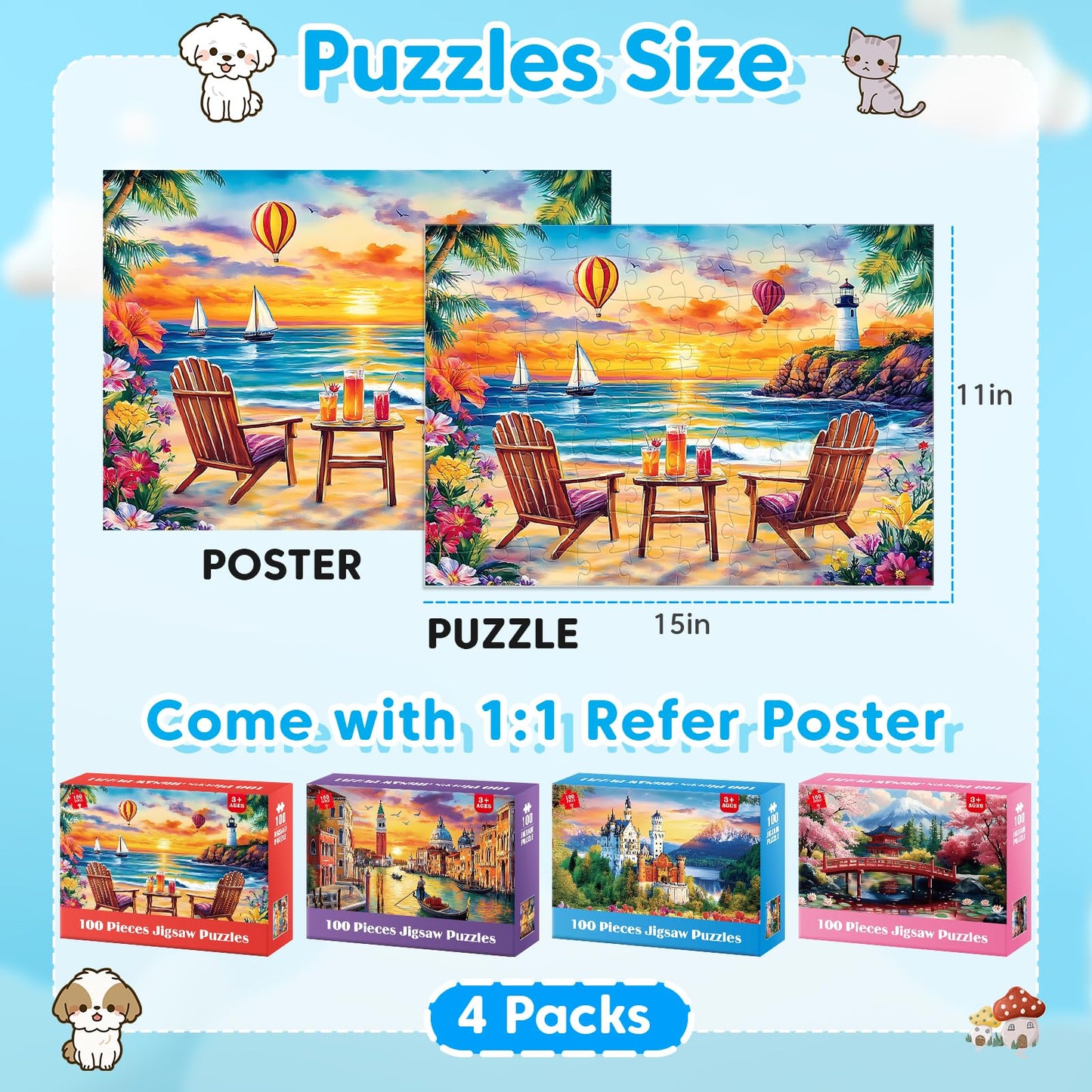 Ciavotie 100 Piece Puzzle World Famous Landscapes Jigsaw Puzzles Large Piece Puzzles for mature-themed Seniors Kids Puzzles for Kids Ages 4-6 6-8 Learning Educational Toys Gifts for Girls Boys 4 Packs