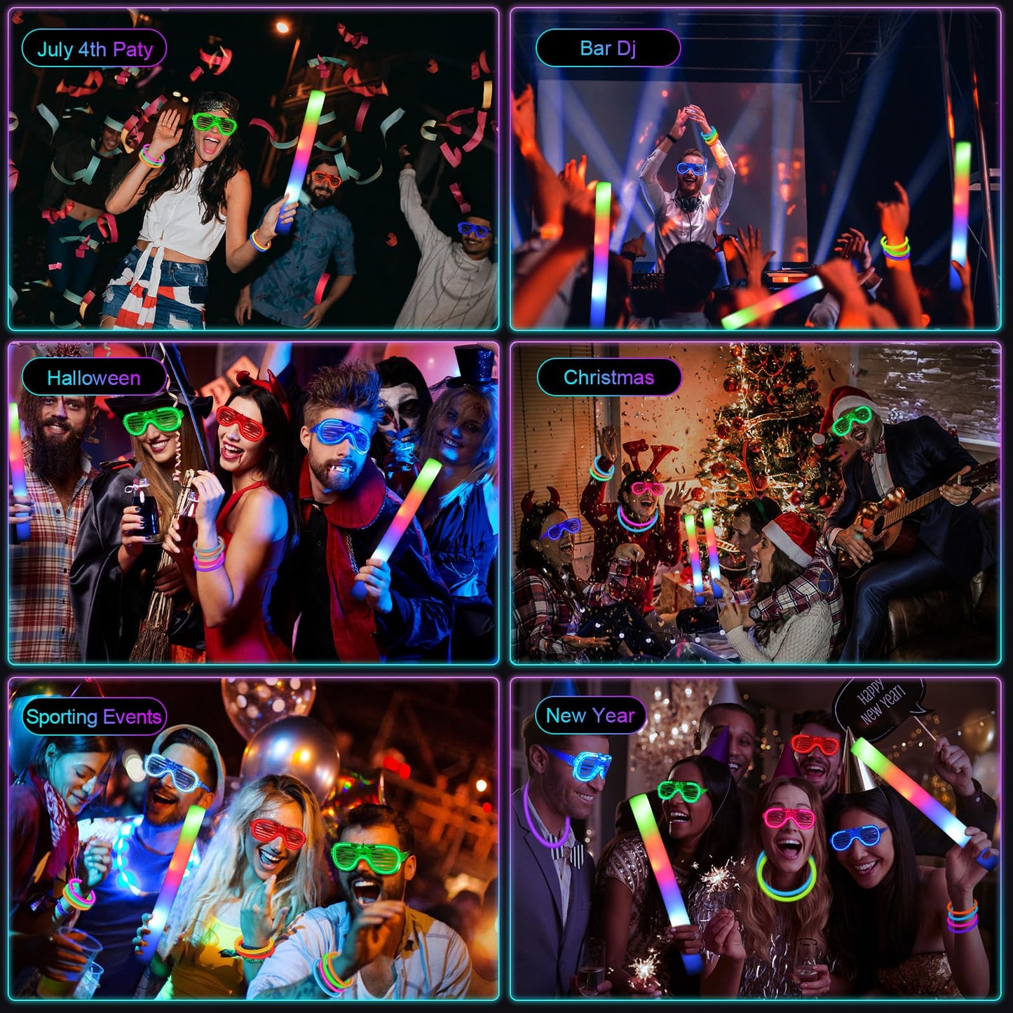 Shqdd248 Pcs Glow Party Supplies, 24 Pcs Foam Glow Sticks, 24 Pcs Led Glasses And 200 Pcs Glow Sticks Bracelets, Neon Party Favo