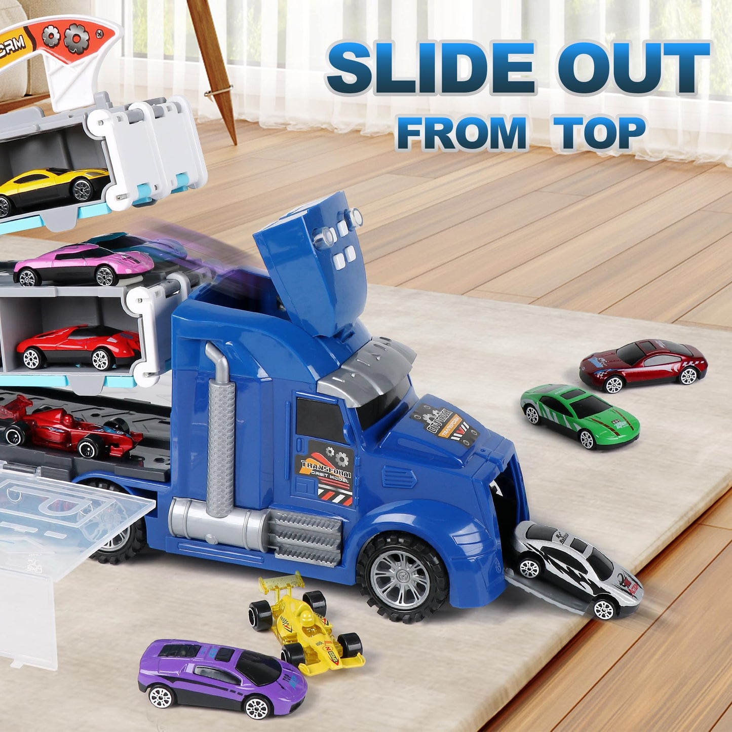 Dwi Dowellin Carrier Truck Toys for Kids,5-FT Hauler Truck with Ejection Race Track and 16 Die-Cast Metal Toy Cars,Car Toy Gift