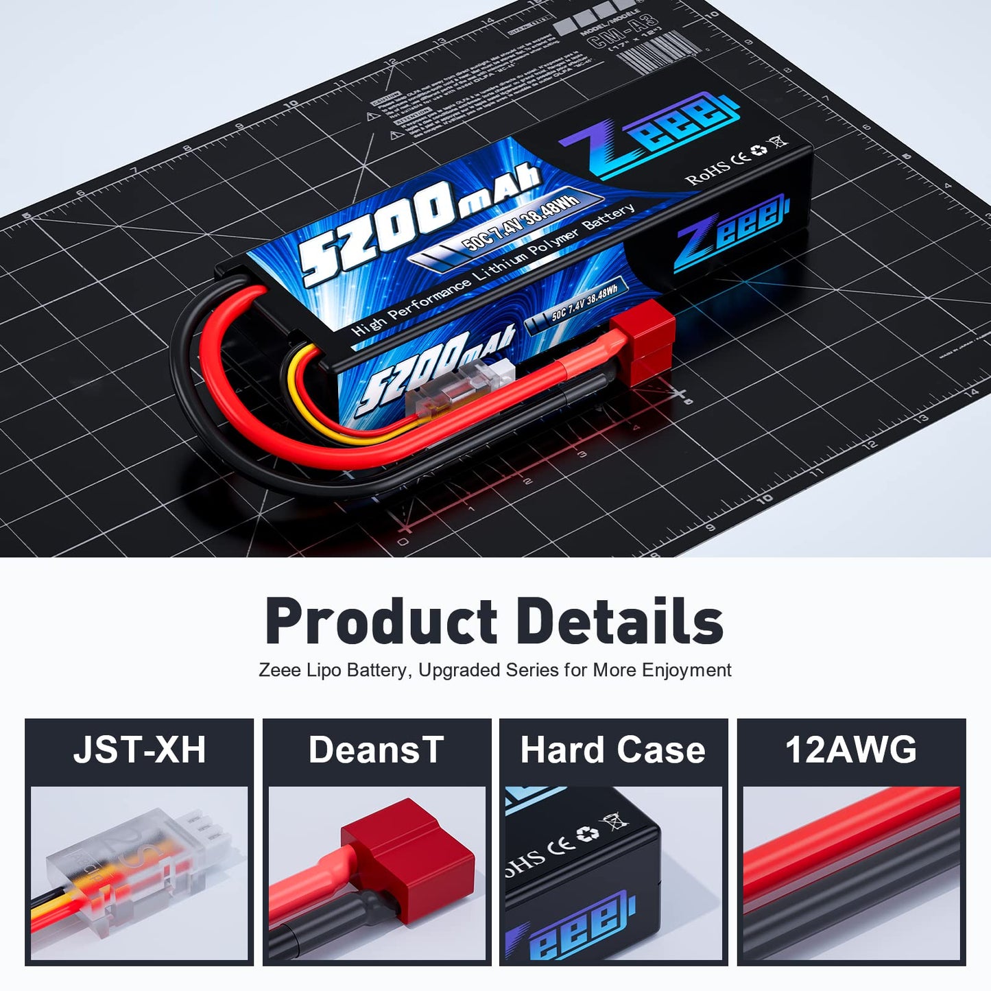 Zeee 2S 5200Mah Lipo Battery 7.4V 50C Hard Case With Deans T Plug For Rc Truck Rc Truggy Rc Heli Airplane Drone Fpv Racing (1 Pa