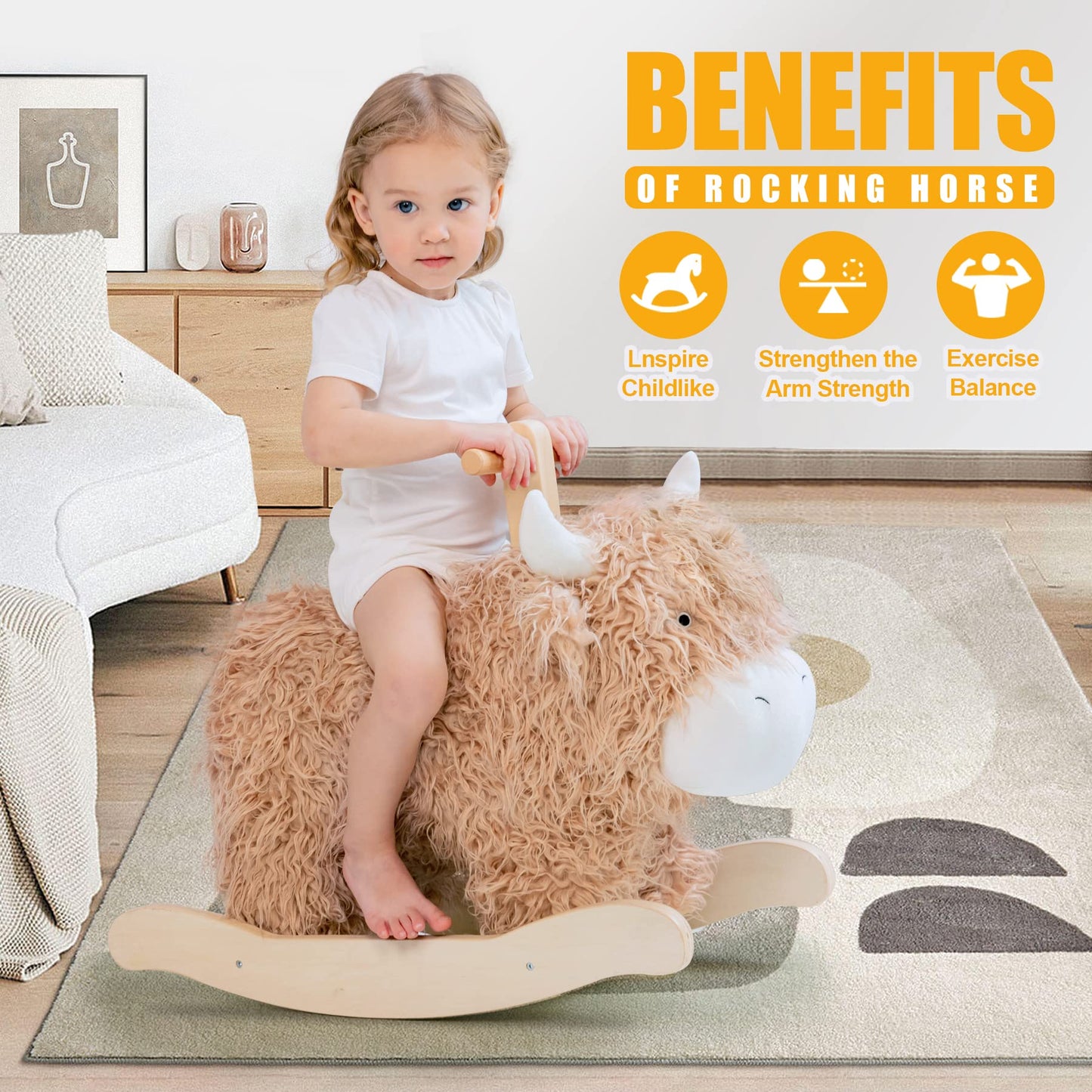 JOLIE VALLÉE TOYS Wooden Baby Rocking Horse - Large Brown Cow/Yak Ride-On Toy for 1-2 Years Old, Perfect Nursery Gift