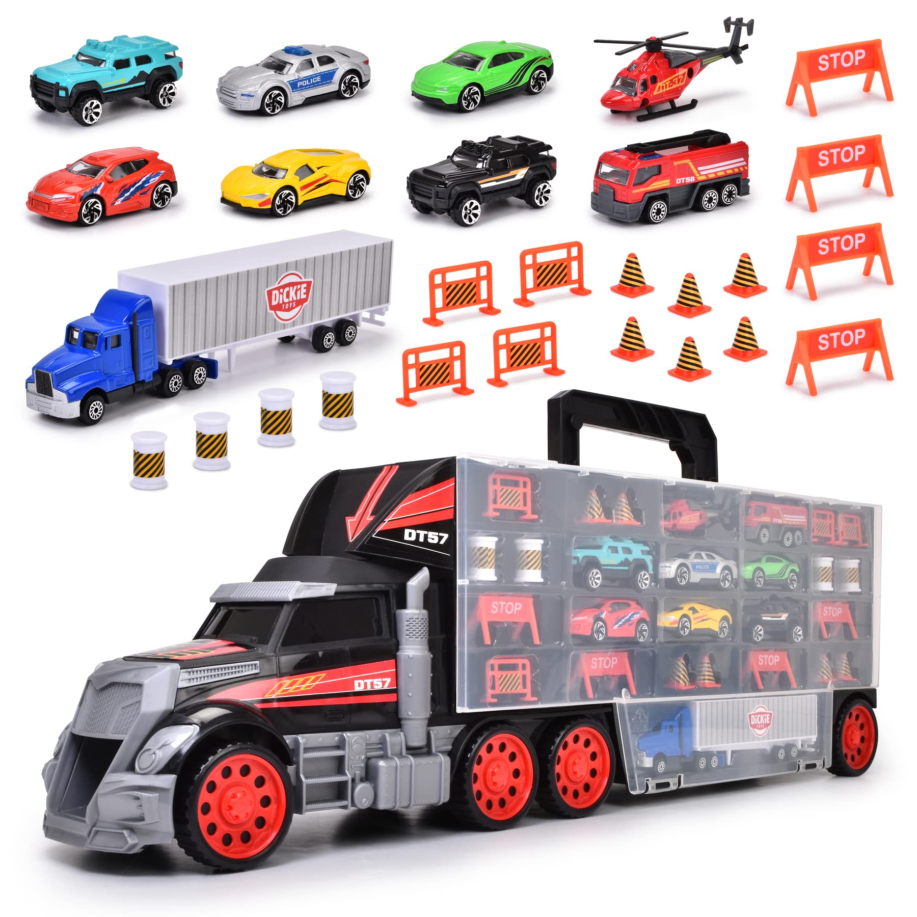 DICKIE TOYS - Truck Carry Case Playset 1:64 Scale Diecast - Hold up to 42 Cars - Includes 7 Cars, Helicopter, Big Rig and 18 Acc