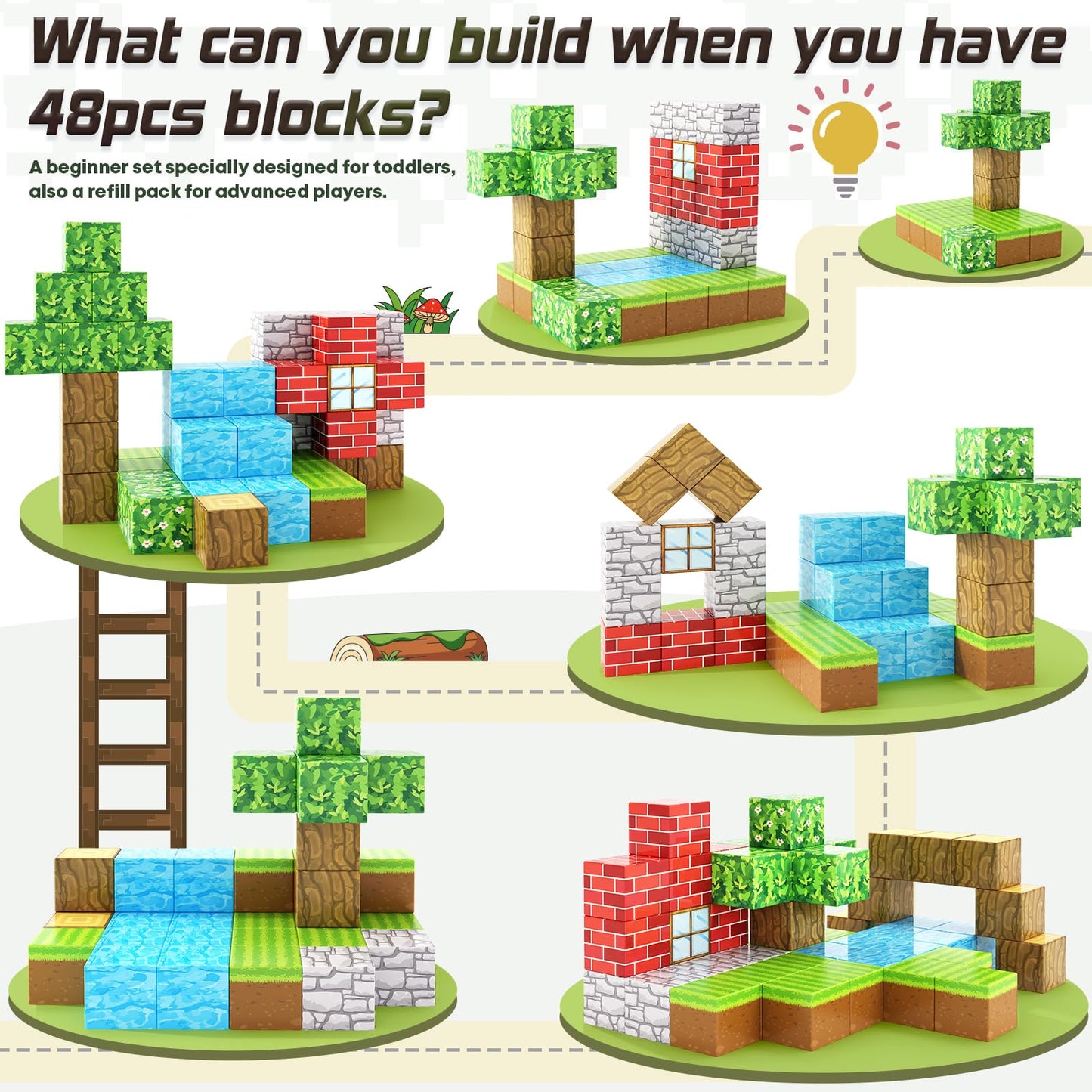 Magnetic Blocks-Build Mine Magnet World Edition, Magnetic Toys For Boys & Girls Age 3-4 4-5 6-8,Stem Montessori Sensory Toys For Toddlers Gifts For 3+ Years Old,48Pcs Fidget 1' Cubes Construction Toys