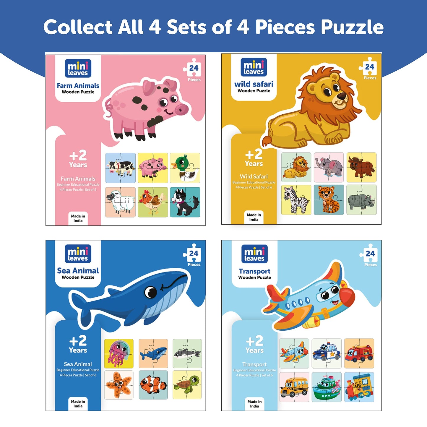 Mini Leaves 4 Piece Wooden Puzzle For Kids - Set Of 6 Farm Animals Jigsaw Puzzle - Puzzles For Kids For Age 2 And Above - Safe &