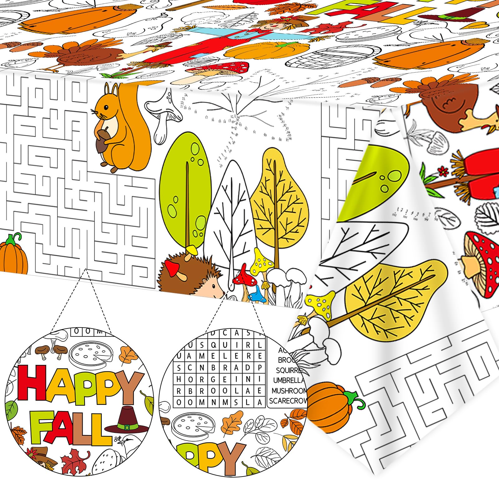 Qyeahkj Giant Thanksgiving Fall Coloring Tablecloth Huge Autumn World Posters Large Color-in Paper Poster Table Cover Arts and C
