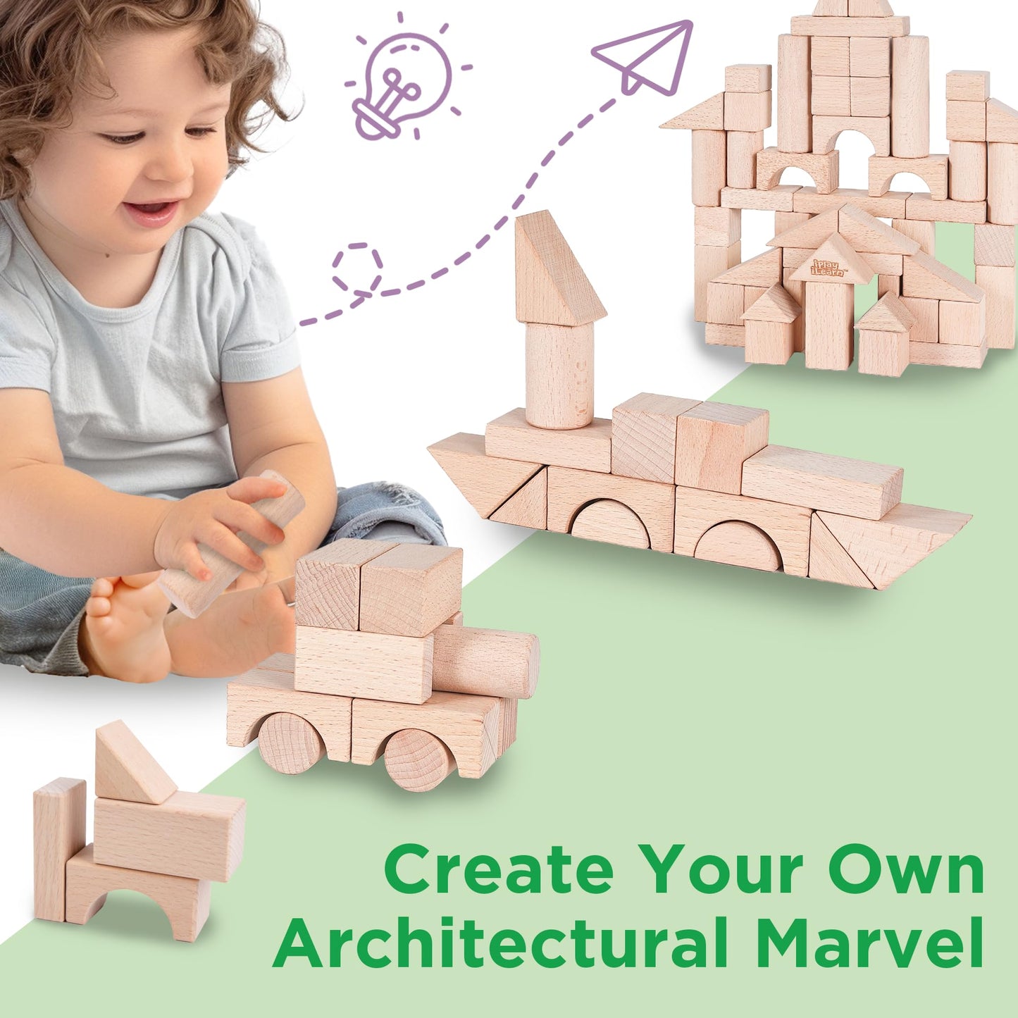 Iplay, Ilearn Kid Wooden Building Block Set, Toddler Natural Wood Block Montessori Learning Toy, Large Hardwood Stacking Brick Castle Unit, Preschool Classroom Gift 2 3 4 5 6 8 Year Old Boy Girl Child