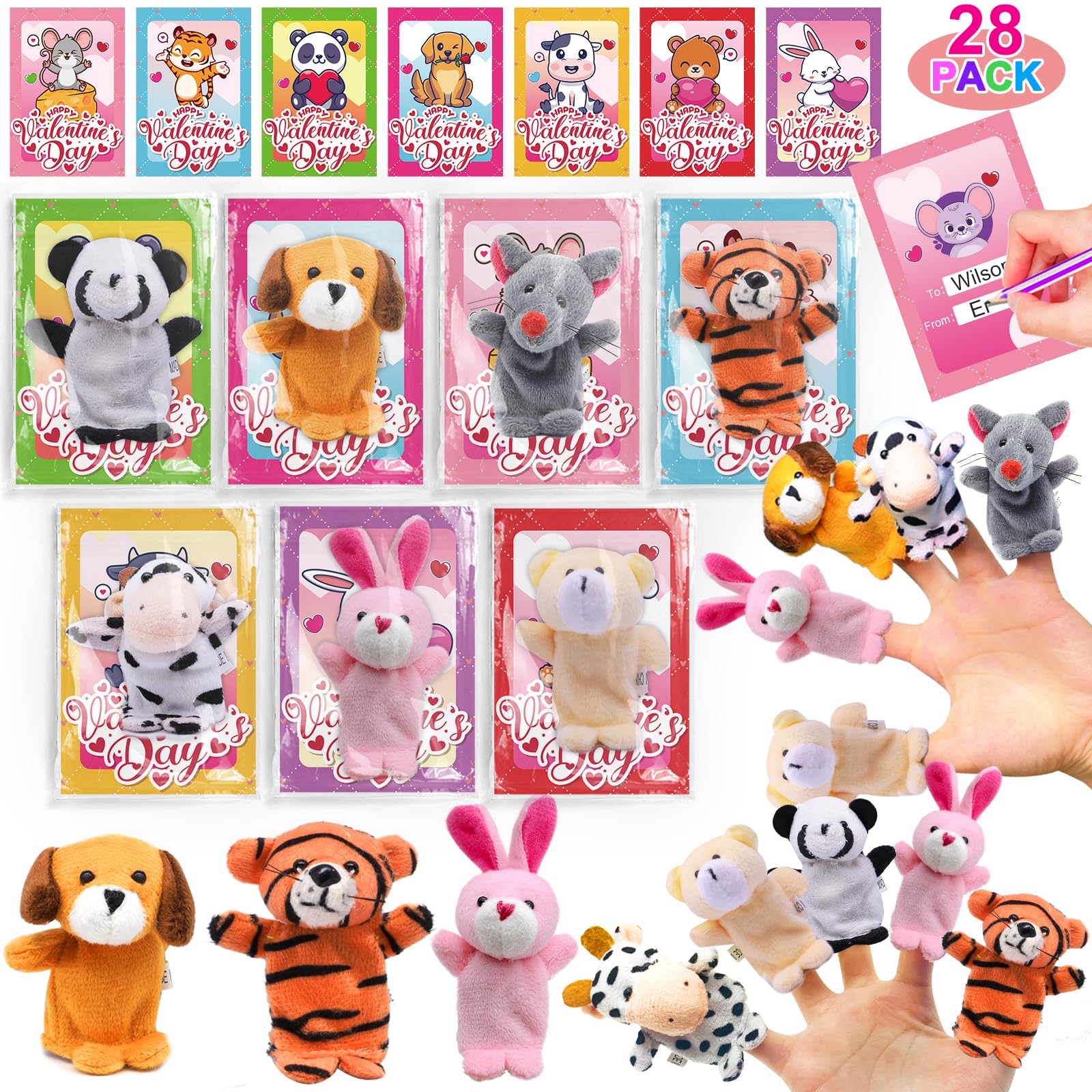 Amenon 28 Pack Valentines Day Gifts For Kids With Animal Finger Puppet Plush Toy (7 Designs) Valentines Cards For Kids Boys Girl