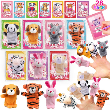 Amenon 28 Pack Valentines Day Gifts For Kids With Animal Finger Puppet Plush Toy (7 Designs) Valentines Cards For Kids Boys Girl