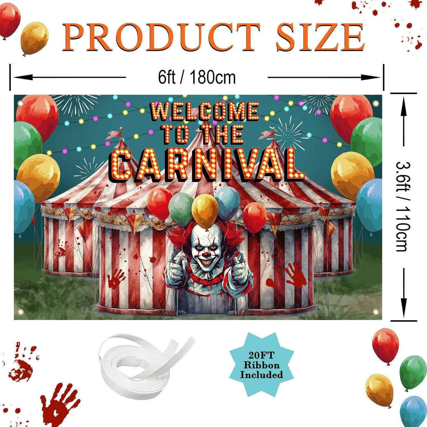 Avezano Halloween Circus Decorations Creepy Carnival Banner 6 x 3.6 ft Scary Circus Halloween Party Backdrop Indoor Outdoor