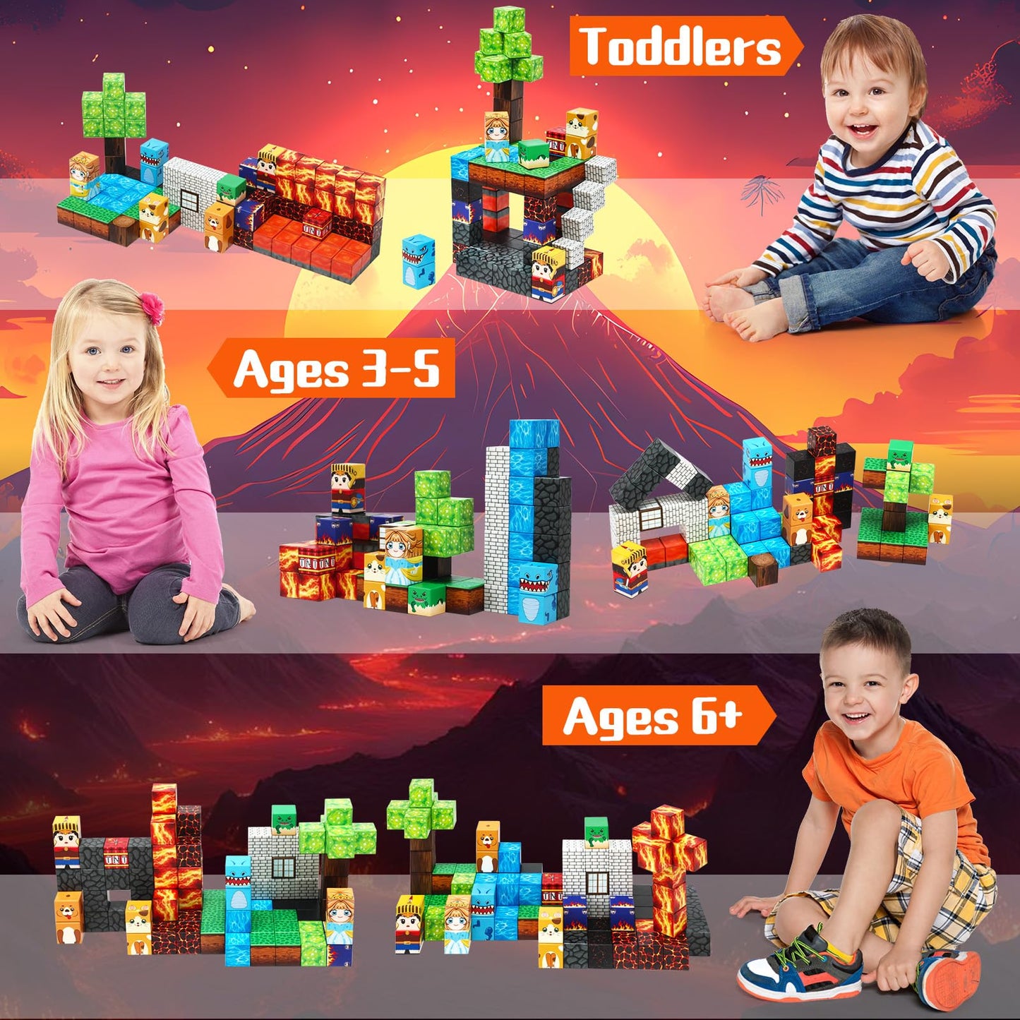 Benoker Dinosaur Magnetic Blocks,Dino Volcano World Magnet Building Toys, Sensory Montessori Toys For Stem Learning, Toddler Gif