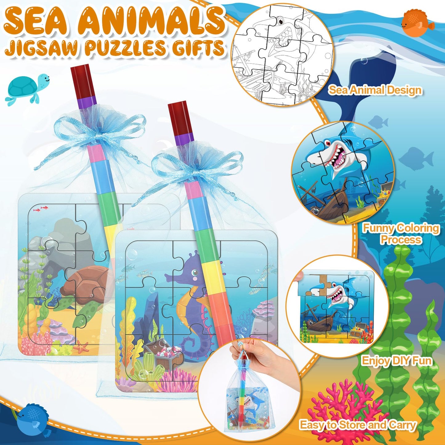 Fullhawl 12 Sets Sea Animal Puzzles Summer Color Your Own Puzzles DIY Ocean Jigsaw Crafts with 12 Stackable Crayons and 12 Bags for Ocean Theme Gifts Birthday Party Supplies(12  Sea)