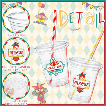 Foldtier 50 Pcs Carnival Party Plastic Cups 12 Oz Disposable Plastic Cups With Straws And Lids Circus Clear Cup Birthday Cups Su