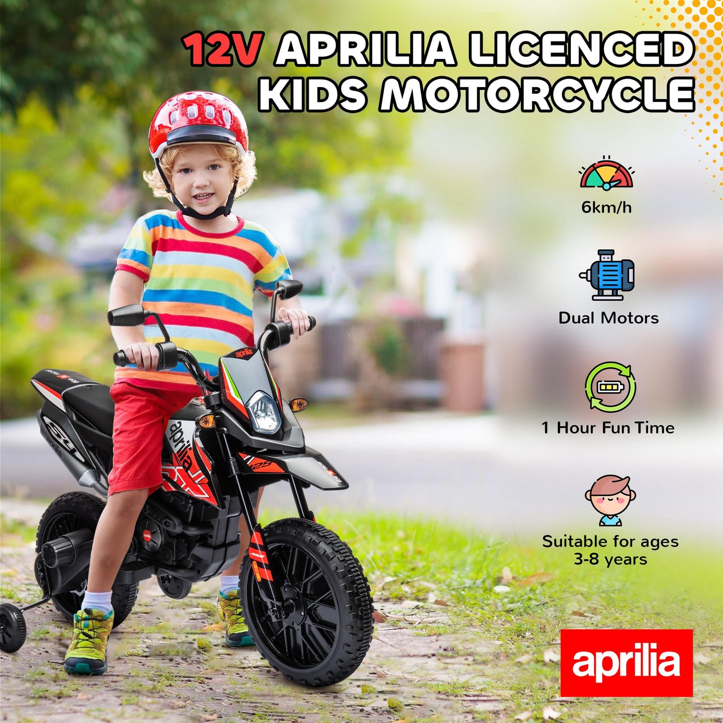 Qaba 12V Kids Motorcycle, Aprilia Licenced Electric Motorcycle for Kids with Training Wheels, Spring Suspension, LED Light, USB,
