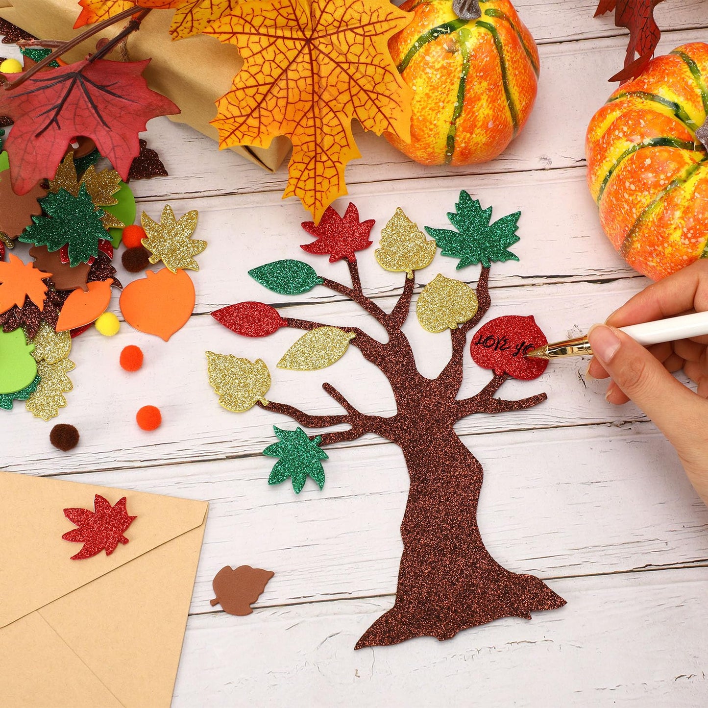 SEPGLITTER 524 Pcs Fall Crafts for Kid, Glitter Maple Leaf Stickers Pompoms Autumn DIY Self Adhesive Foam Stickers Tree Art for