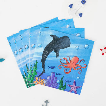 Wernnsai Ocean Party Decorations - 50 Pack Baby Shark Napkins Blue Shark Birthday Party Decorations 3-Ply Ocean Paper Napkins For Kids Boys Baby Shower Underwater Party 6.5 X 6.5 Inches