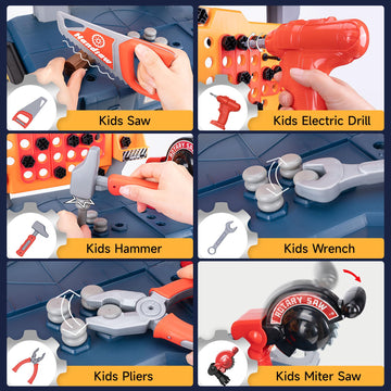 Kids Tool Bench, Kids Tool Set 118 Pieces with Realistic Tools, Electric Drill and Kids Tool Stickers, Toddler Workbench Pretend