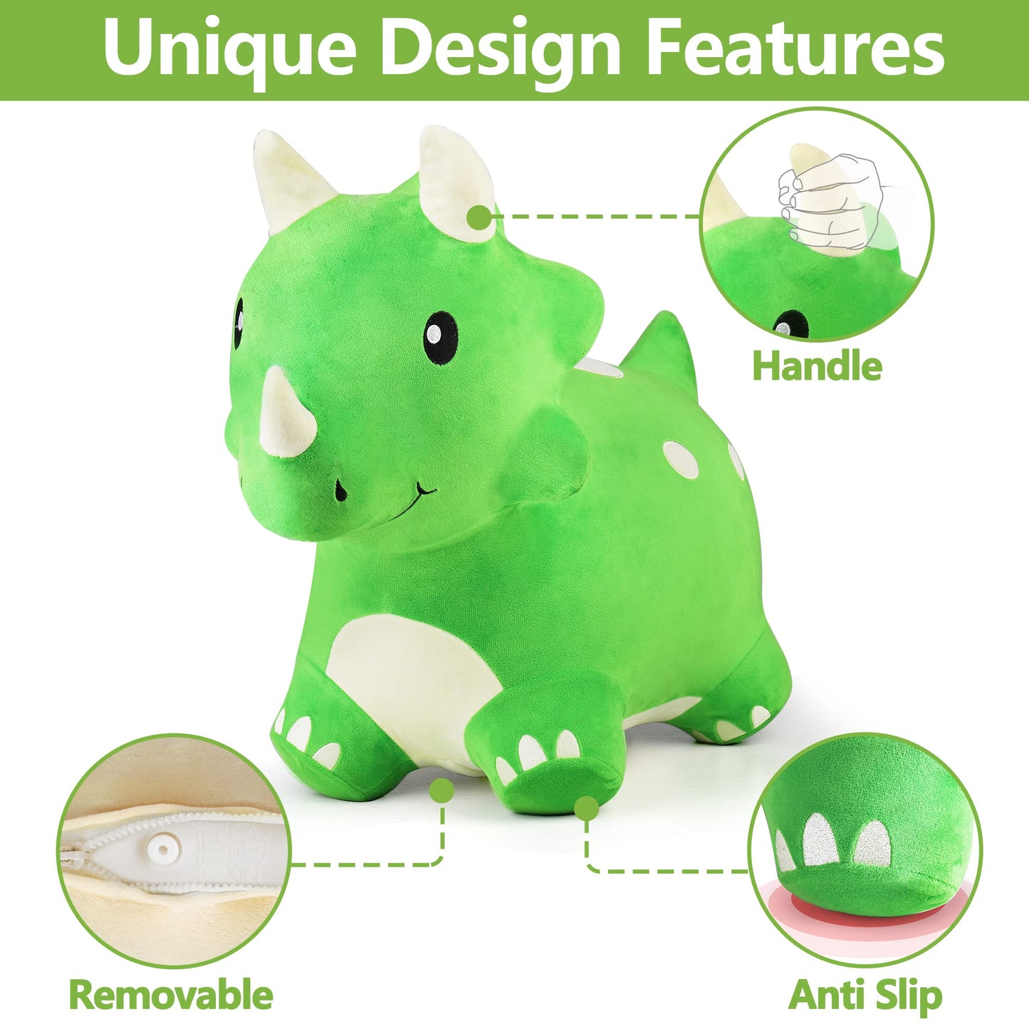 iPlay, iLearn Bouncy Pals Dinosaur Hopper Toy - Large Green Plush Triceratops for Kids, Perfect Outdoor Gift for Toddlers 2-6 Years