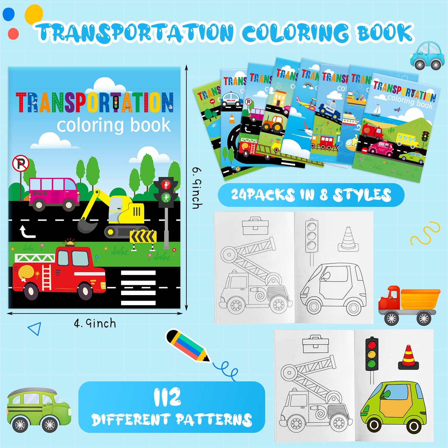 Kosiz 24 Pieces Transportation Coloring Books Traffic Theme DIY Art Drawing Book Party Favors Airplanes Vehicles and Ships Color