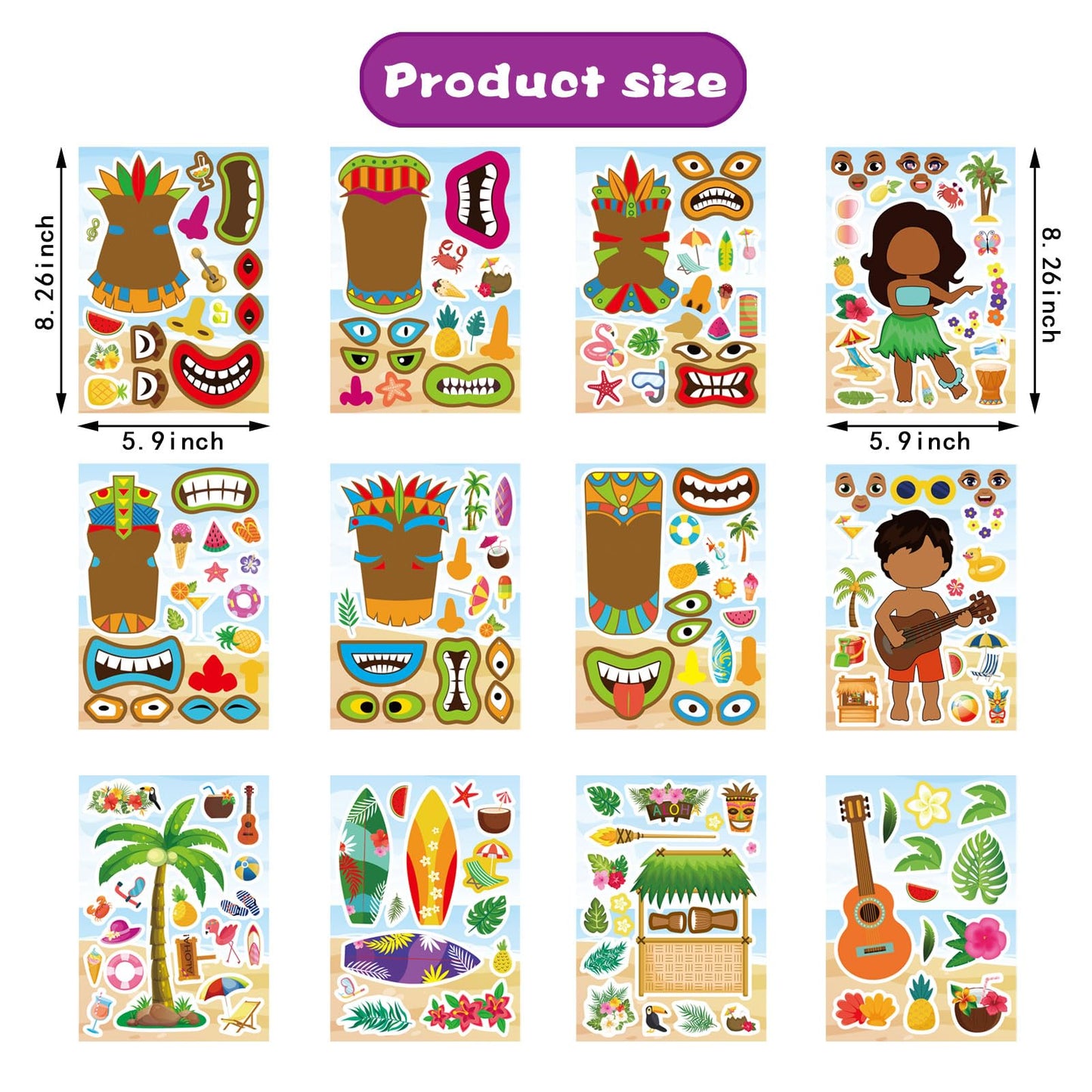 24 Sheets Summer Stickers, Hawaii Make A Face Sticker, Make Your Own Beach Tropical Cartoon Mix And Match Stickersaloha Tiki Tot